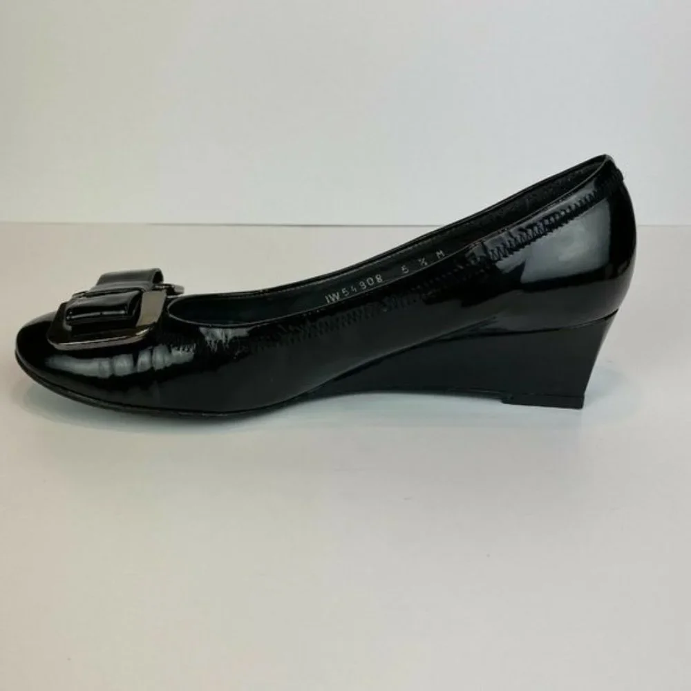 Stuart‎ Weitzman Wedge Heels 5.5 Black Patent Leather Silver Bow Office Career - Picture 10 of 11